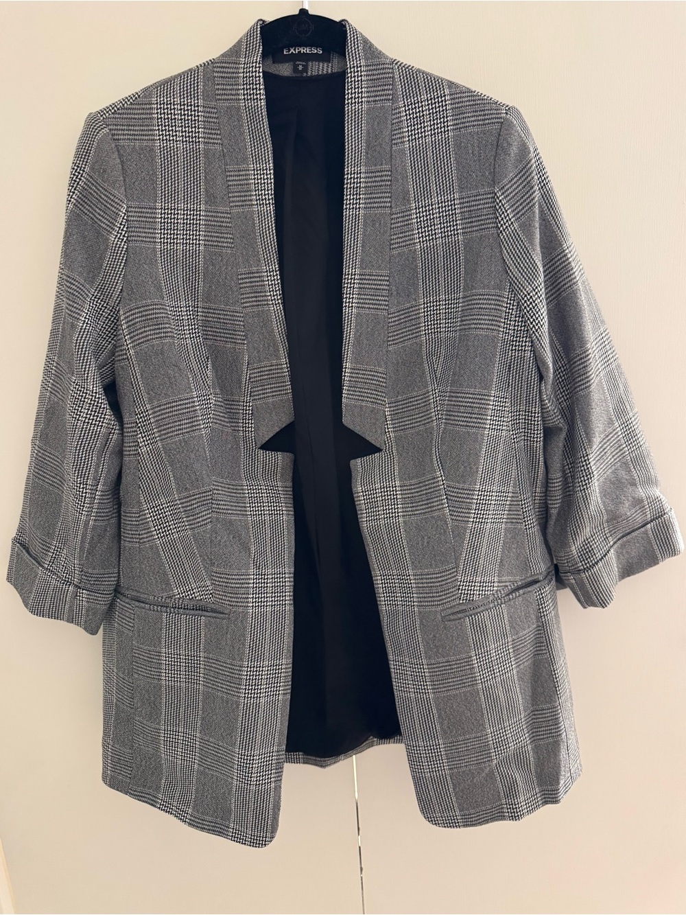 Express Women's Black and Gray Glen Plaid Open Blazer